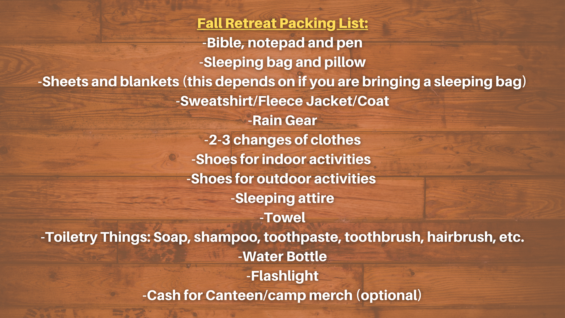Fall Retreat Packing List